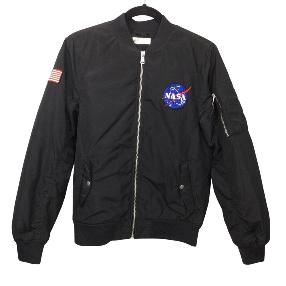 H&M Nasa Logo American Flag Patch Black Quilted Bomber Flight Jacket Kids 12/14